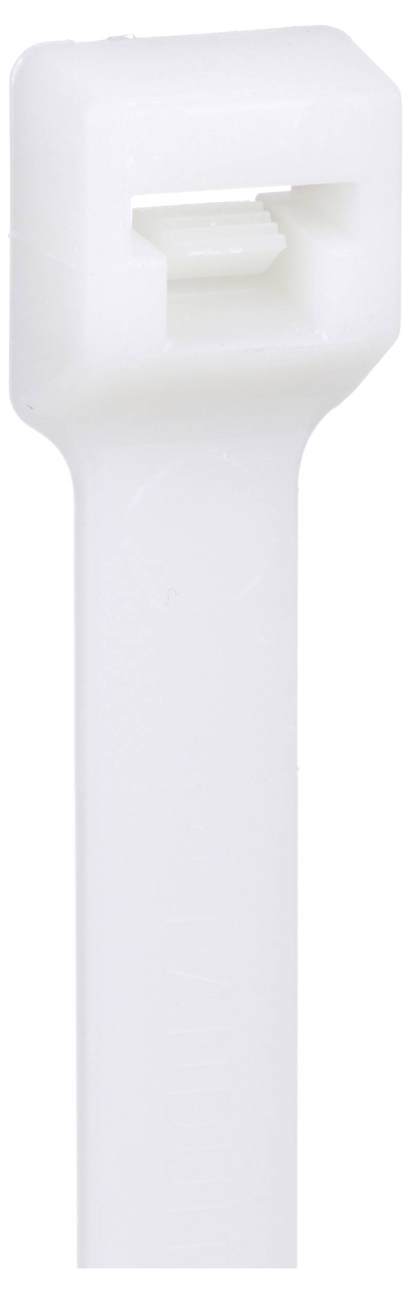 Witte kabelbinder met een vierkante vergrendelingskop en een gestructureerde band voor veilige bevestiging.