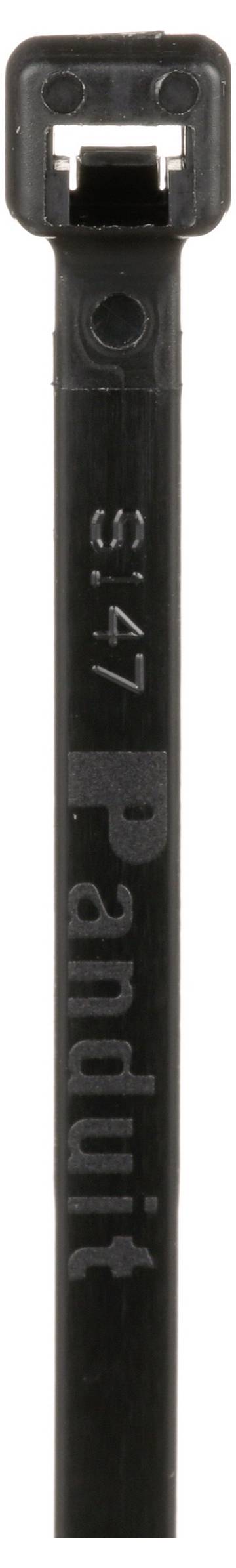 Een close-up van een zwarte kabelbinder met merkopdruk 'Panduit' en '3.47'.