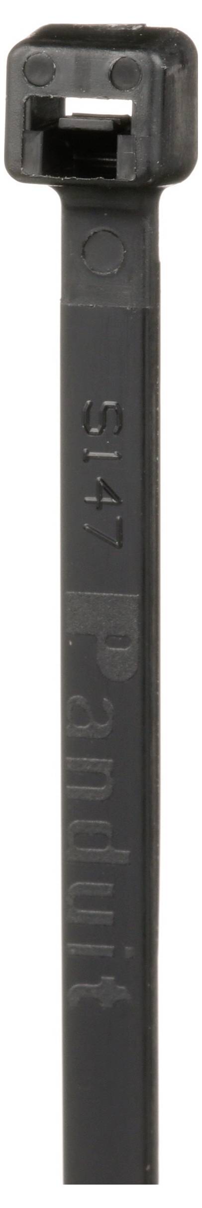 Een zwarte kabelbinder met het label 'Panduit S4S', voorzien van een vierkante vergrendelingskop en een gladde staart, ontworpen voor het bevestigen of bundelen van kabels.