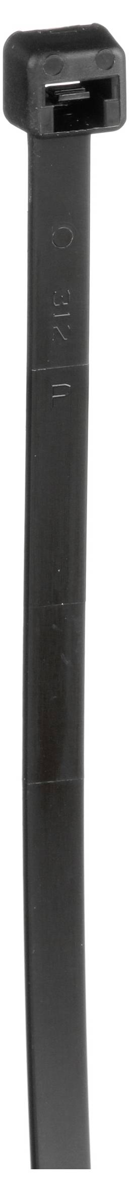 Een zwarte kabelbinder met een kleine vierkante vergrendelingskop, ontworpen voor het bundelen en bevestigen van kabels of draden.