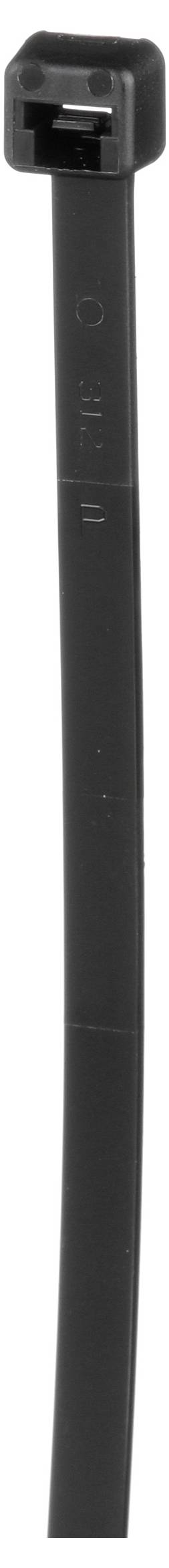 Een zwarte kabelbinder met een rechthoekige kop, ontworpen voor het organiseren of bevestigen van kabels.