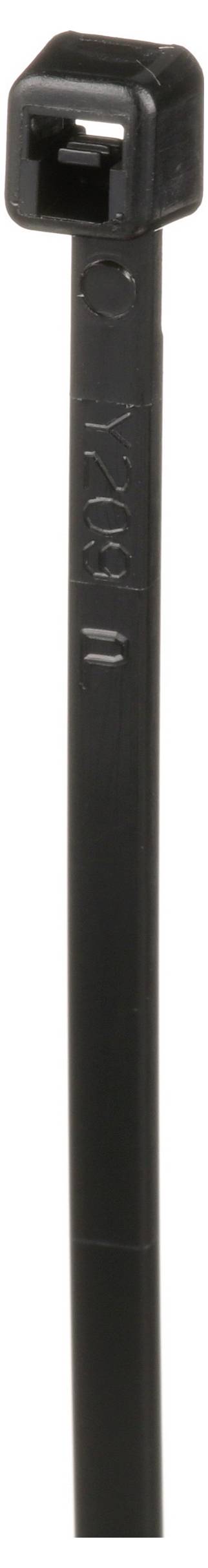 Een zwarte plastic kabelbinder staat rechtop, met een vergrendelingskop bovenaan.