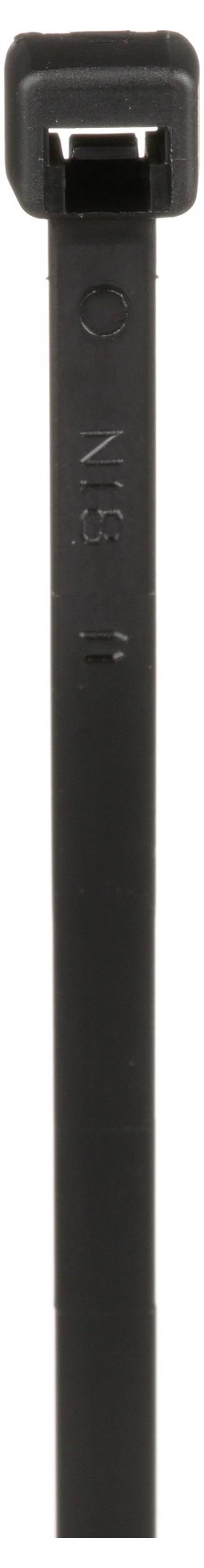Een zwarte kabel strip met een vergrendelingsmechanisme aan de bovenkant.