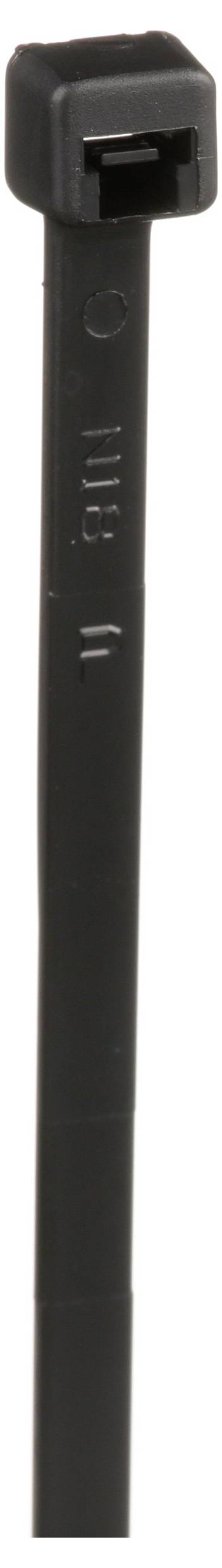 Een zwarte kabelbinder met een rechthoekige kop, gebruikt voor het bundelen van kabels of het bevestigen van voorwerpen.