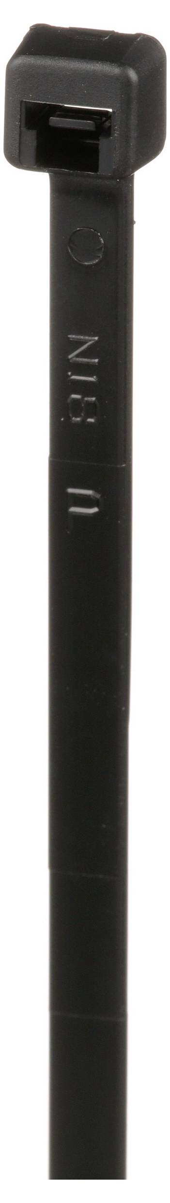 Een zwarte plastic kabelbinder die verticaal staat, gebruikt voor het bevestigen van kabels.