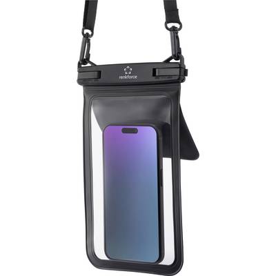 Een smartphone in een waterdichte behuizing met een zwarte rand, met een paars en blauw verloop op het scherm. De behuizing heeft een draagriem.