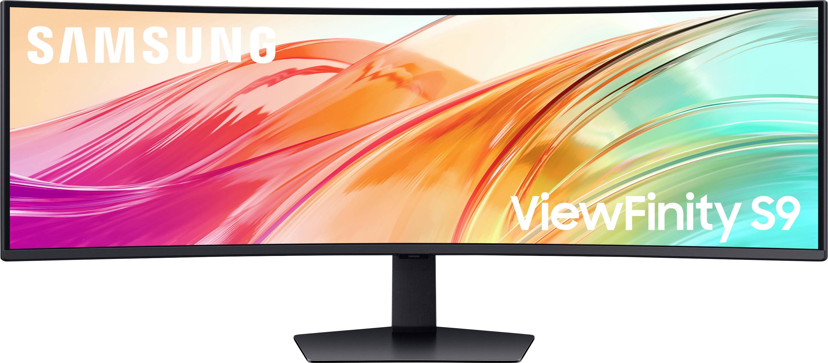 Een grote, gebogen Samsung ViewFinity S9-monitor met een levendige, abstracte achtergrond met oranje en teal wervelingen.