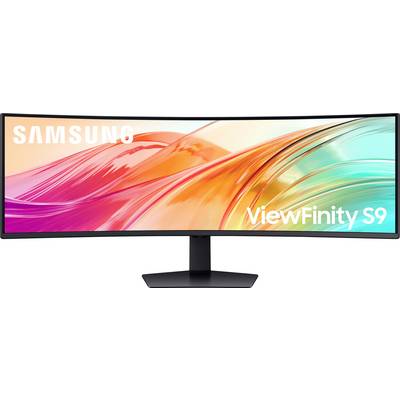 Een grote, gebogen Samsung ViewFinity S9-monitor met een levendige, abstracte achtergrond met oranje en teal wervelingen.
