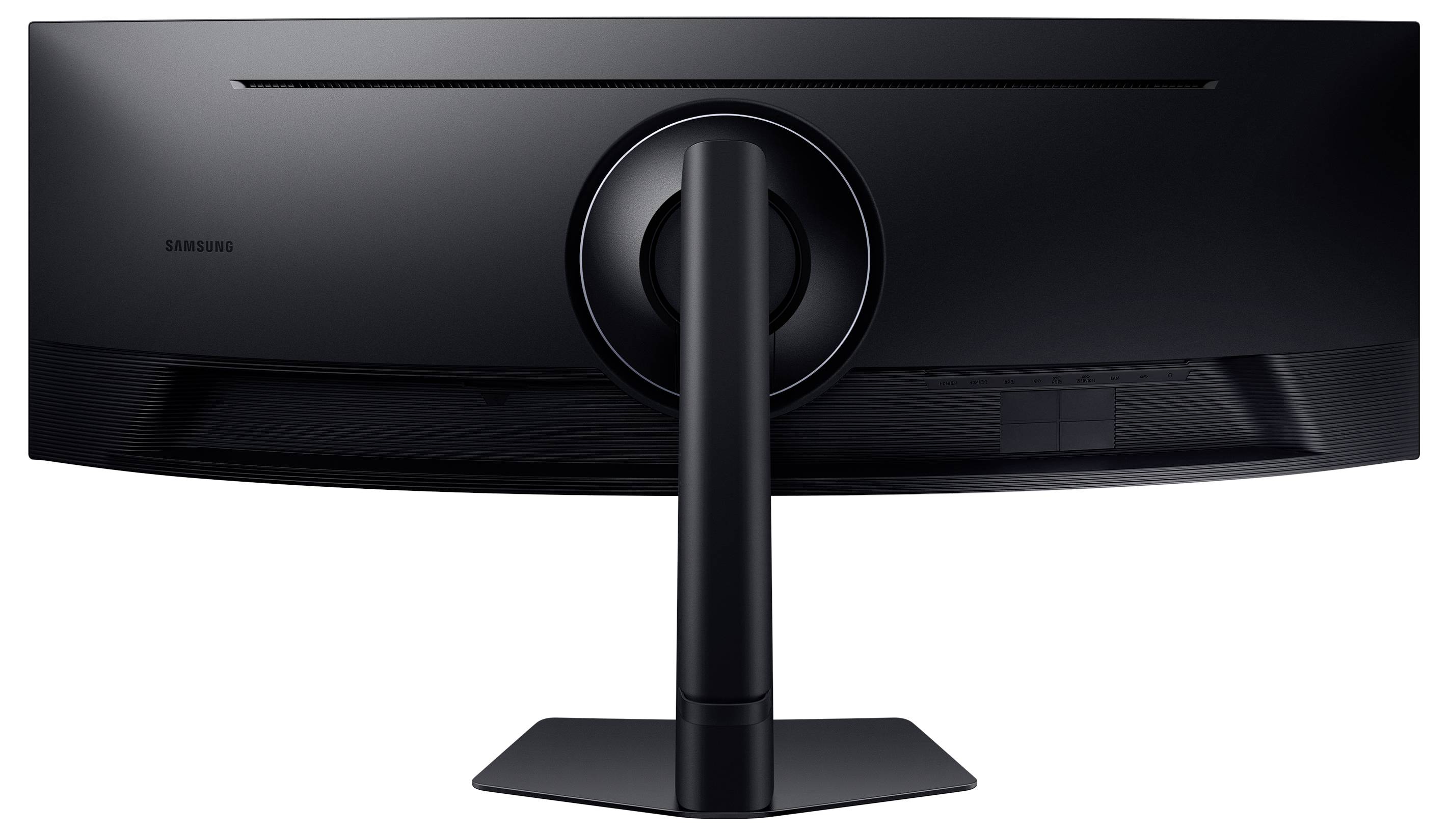 De achterkant van een brede, zwarte computermonitor, waarbij de standaard en het strakke design zichtbaar zijn.