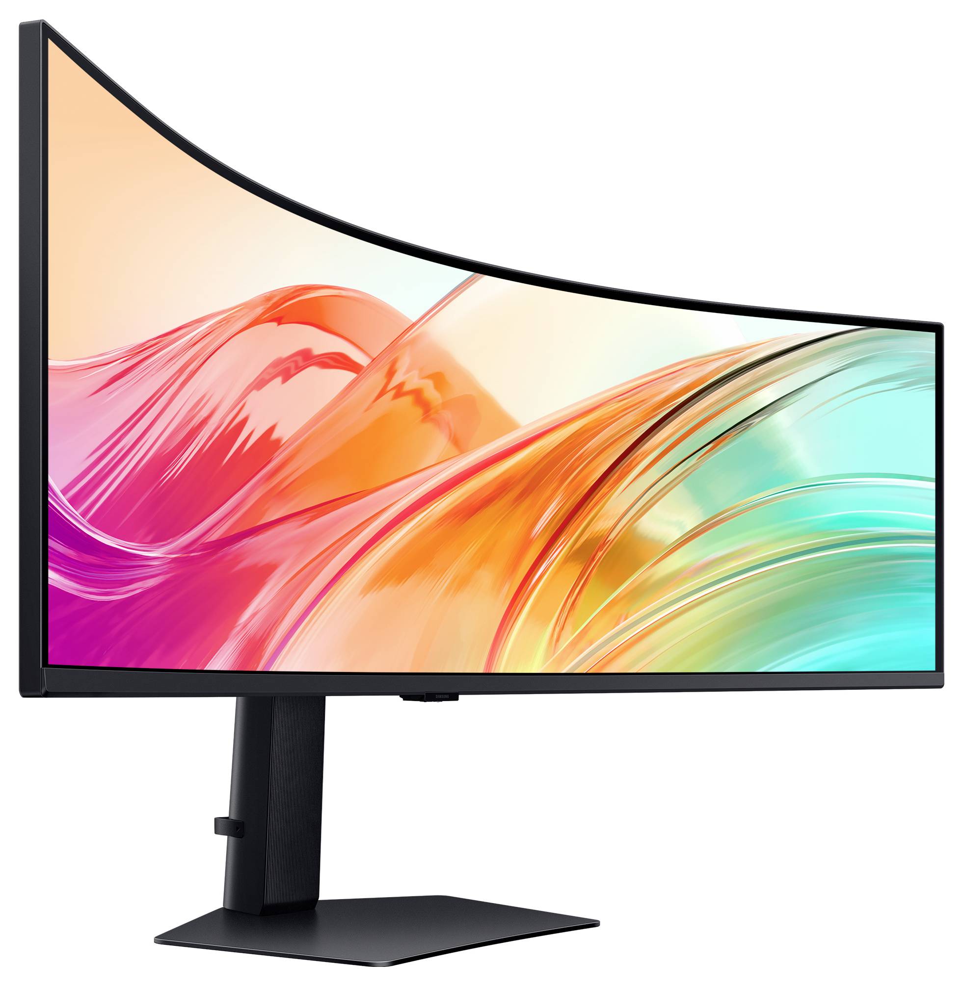 Een gebogen ultrabreedbeeldmonitor op een zwarte standaard, met een levendig abstract beeld dat stromende oranje, roze en groenblauw (teal) kleuren toont.