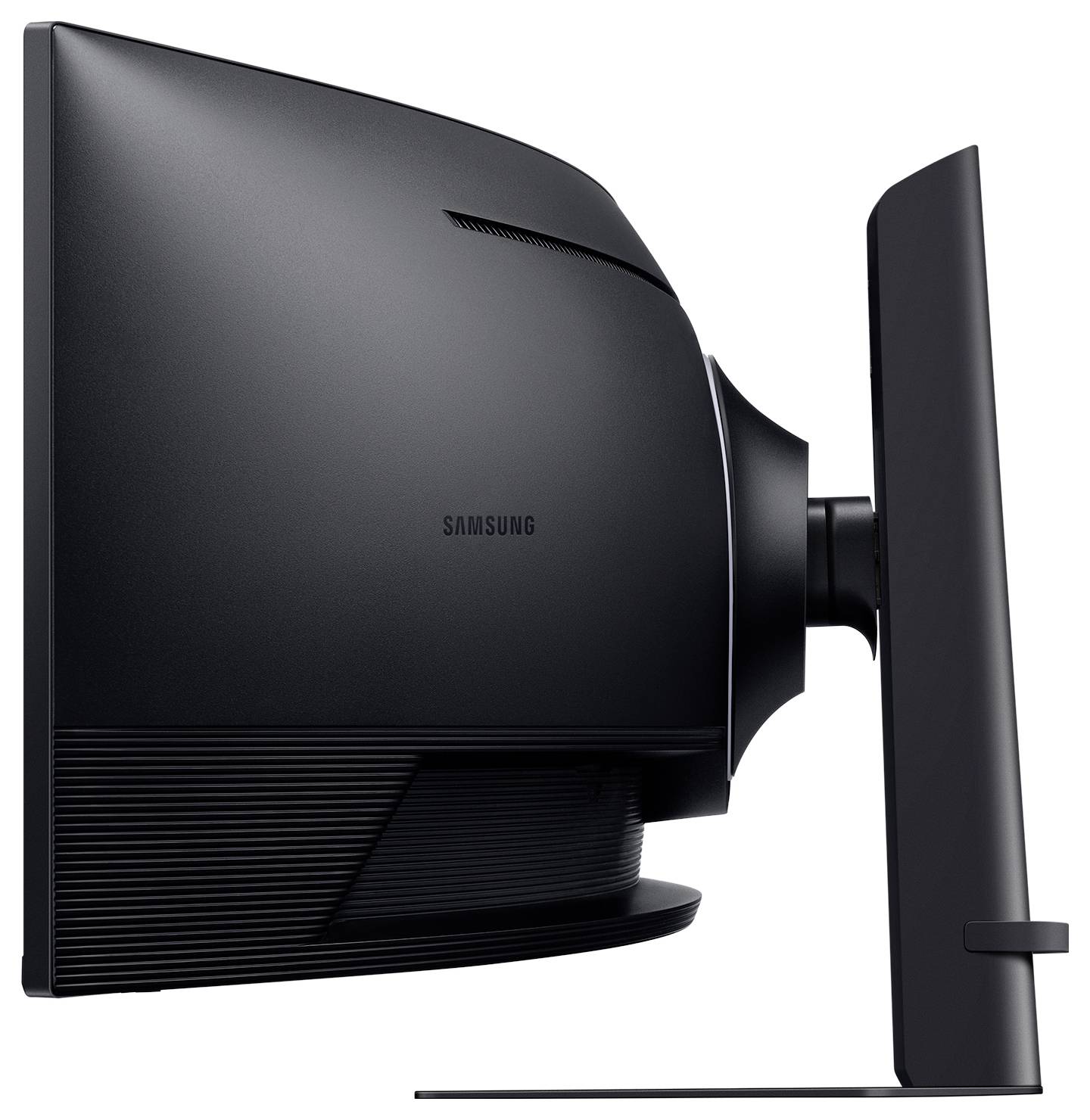 Zijaanzicht van een strakke, zwarte Samsung gebogen computermonitor op een standaard, waarbij de dunne profilering en moderne vormgeving worden benadrukt.