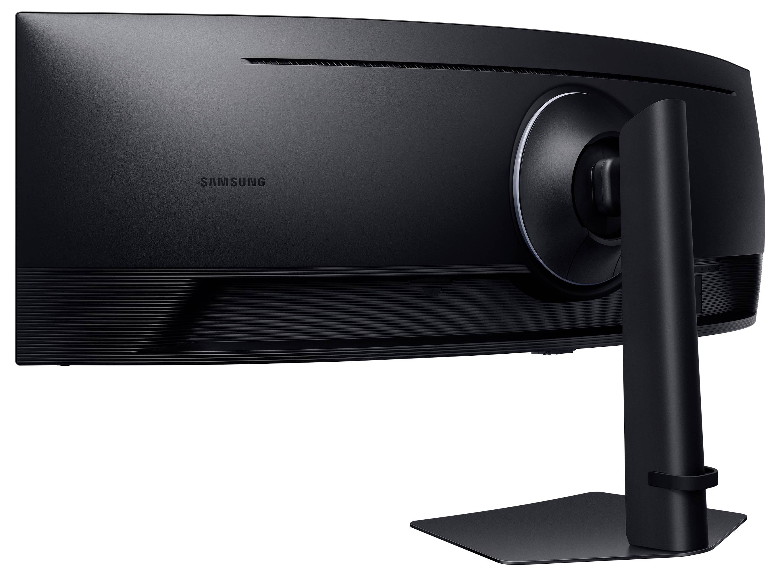 Een breedbeeldscherm van Samsung gezien van achteren, met een strak gebogen ontwerp en een zwarte standaard.