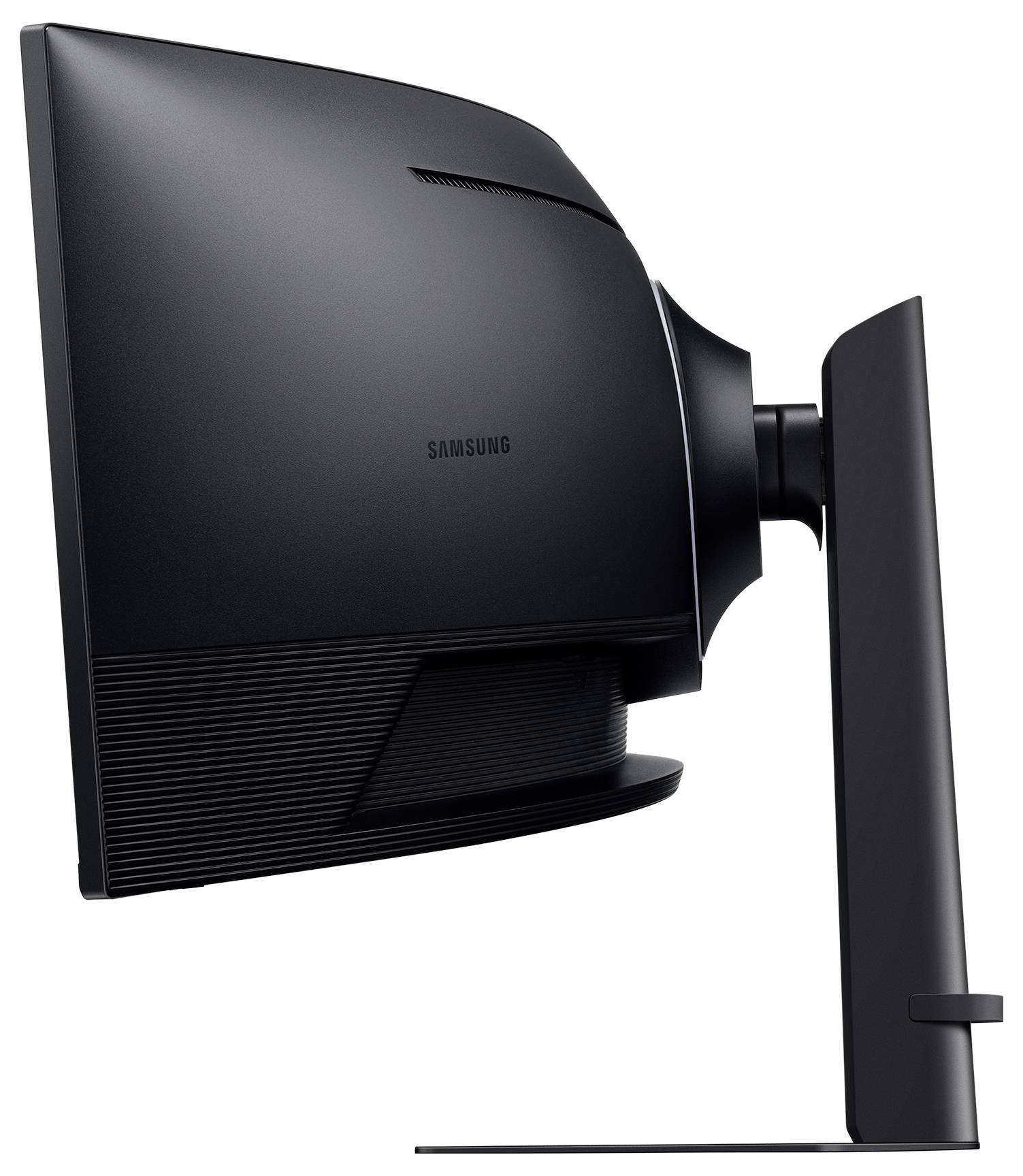 Zijaanzicht van een strakke, zwarte Samsung-monitor die zijn gebogen ontwerp, stevige standaard en moderne esthetiek geschikt voor een werkruimte laat zien.