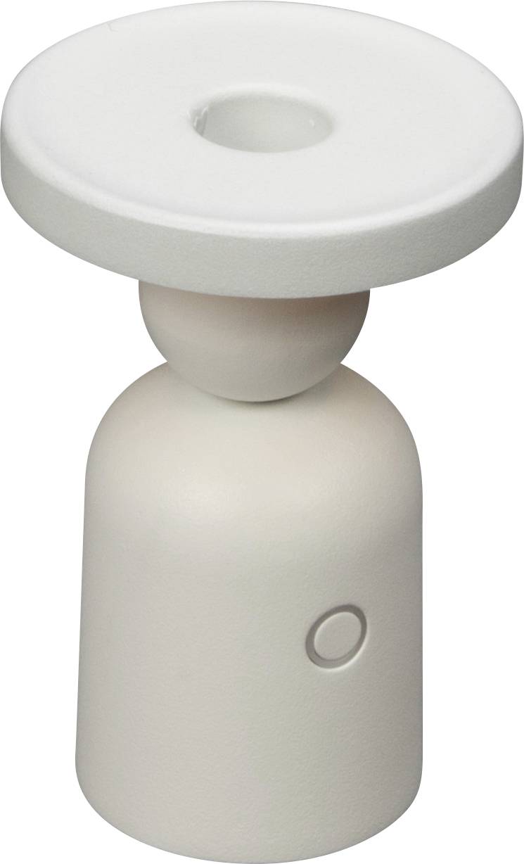 Een kleine, witte, cilindrische sensorapparaat met een rond bovenvlak. Het beschikt over een ronde knop aan de voorkant en is ontworpen voor bewegingsdetectie.