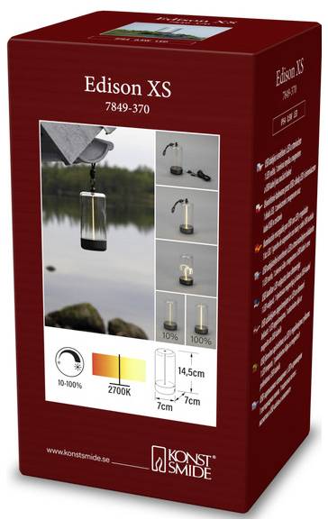'Edison XS lantaarn' verpakking toont productafbeeldingen, afmetingen (14,5 cm x 7 cm), kleurtemperatuur (2700K) en helderheidsniveaus (10-100%).