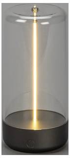 Een heldere cilindrische lamp met een verticaal gloeidraad die warm schijnt, geplaatst op een donkere voet.