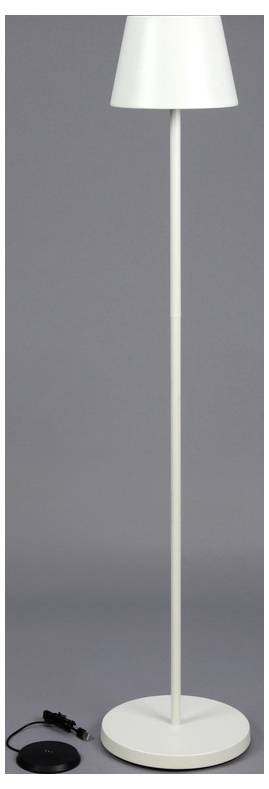 Een hoge, witte vloerlamp met een kegelvormige lampenkap en een rond voetstuk, voorzien van een voetschakelaar op een grijze achtergrond.