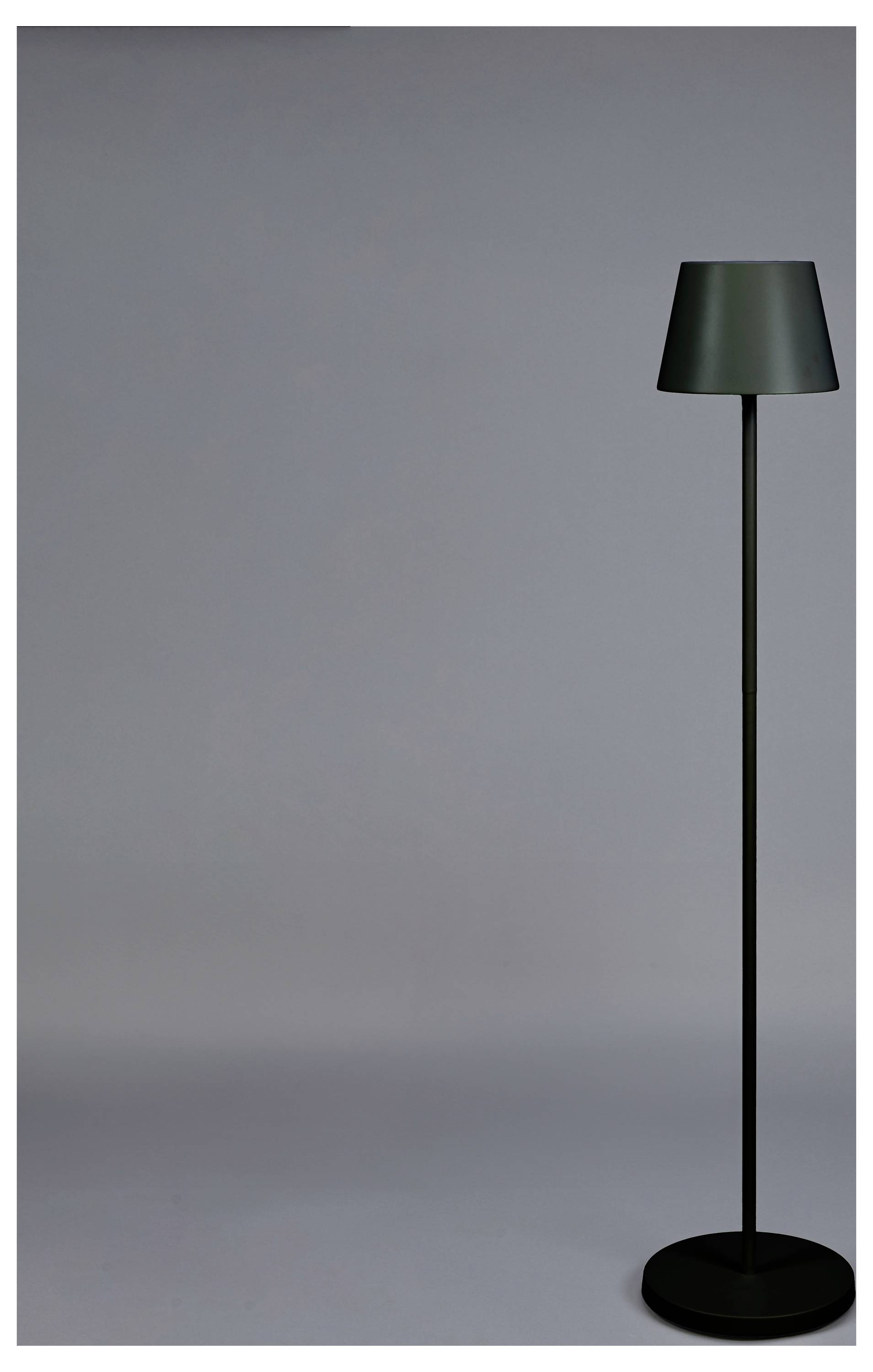 Een minimalistische zwarte vloerlamp staat op een effen grijze achtergrond. De lamp heeft een slanke paal en een eenvoudige, conische kap.
