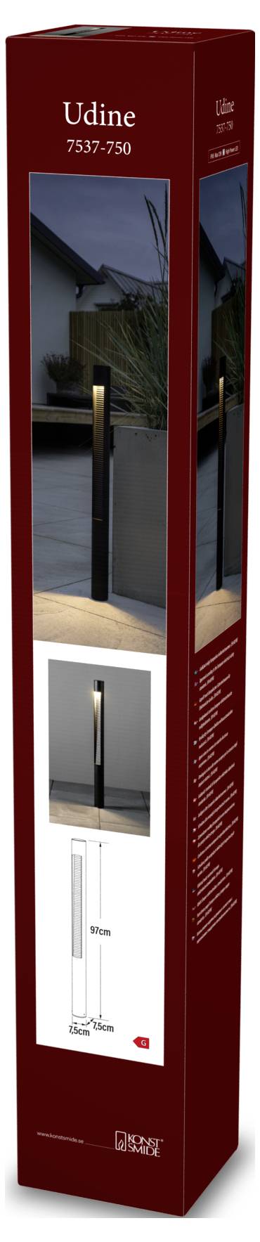 Een hoge, smalle doos met afbeeldingen en details van een zwarte buitenlamp geëtiketteerd als 'Udine 7537-750'. Toont de lamp op een terras en een technische tekening.