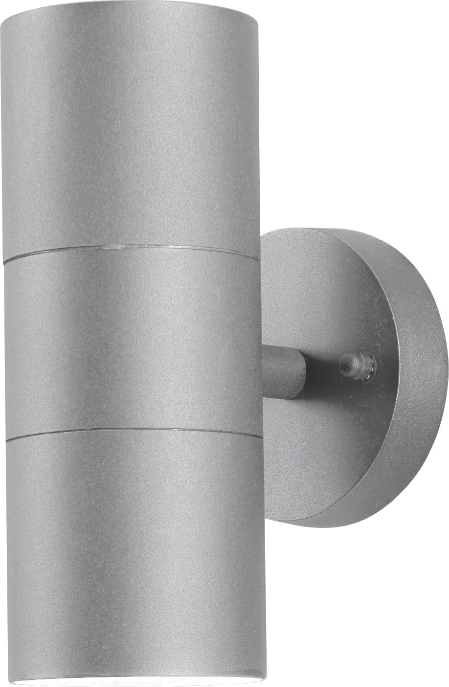 Een strakke, moderne cilindrische wandlamp met een metaalachtige afwerking, ontworpen voor buitengebruik.