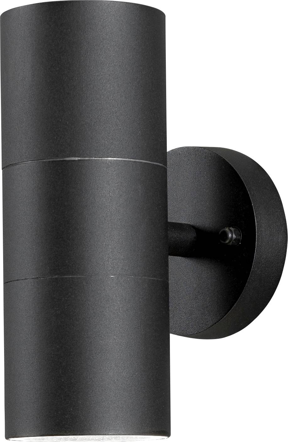 Een strak zwarte buitenwandlamp met een cilindrische vormgeving, gemonteerd op een ronde voet. Hij beschikt over verlichting naar boven en beneden.