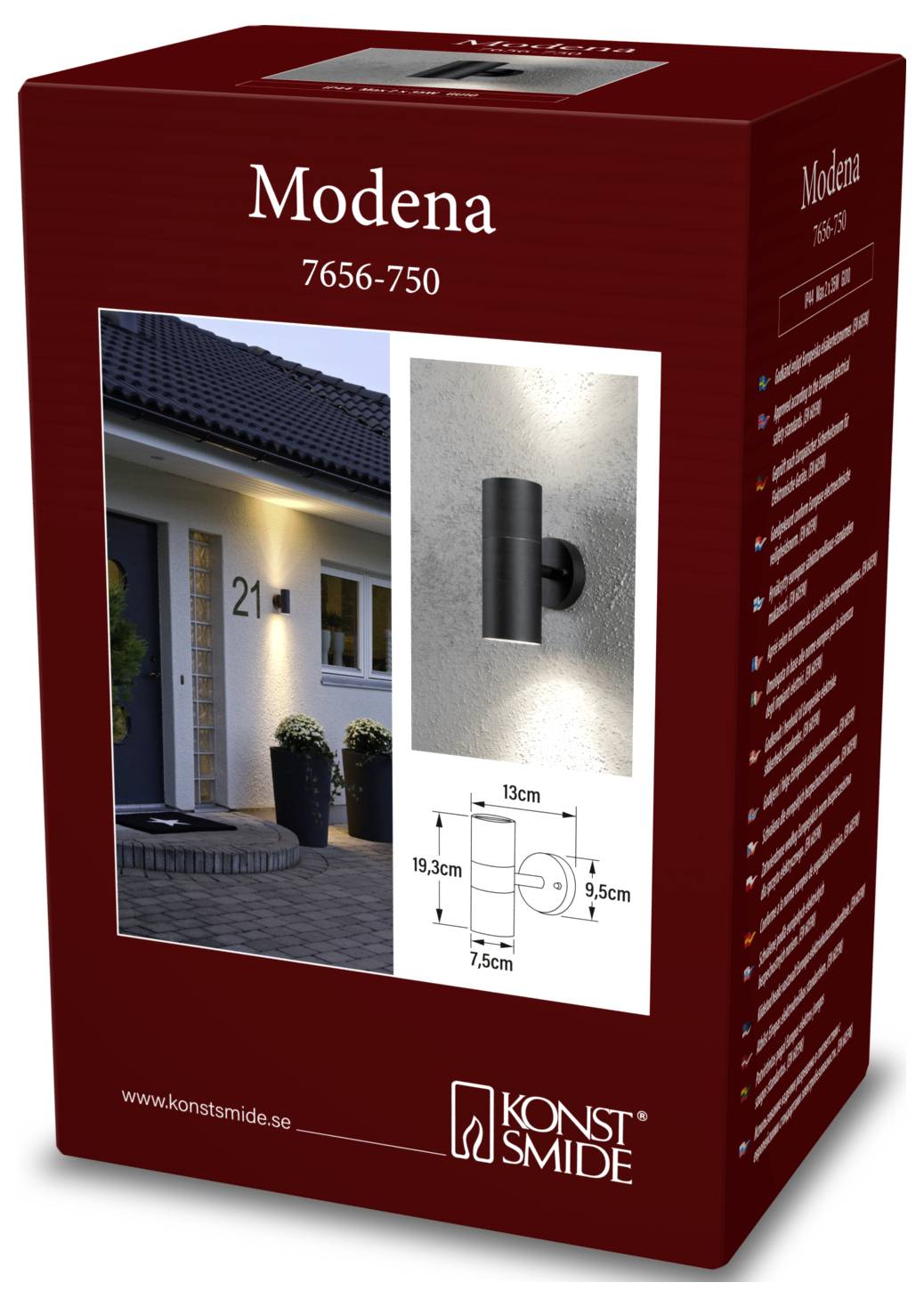 Een productdoos voor Konstsmide 'Modena 7656-750' buitenlamp, met een moderne cilindrische vormgeving, afbeelding van de lamp aan een muurwand en afmetingen.