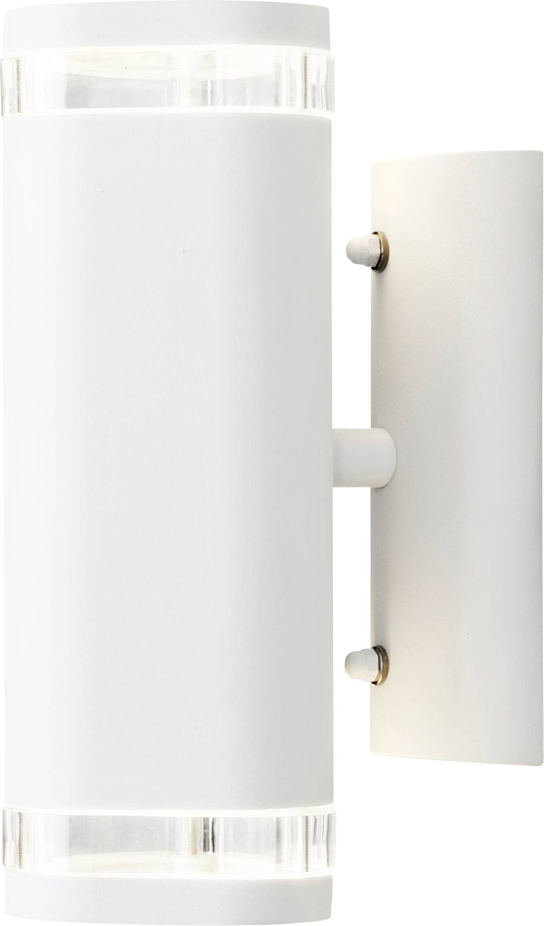 Een witte cilindrische wandlamp met transparante uiteinden, verticaal gemonteerd op een rechthoekige voet. Beschikt over verlichting aan de boven- en onderkant.