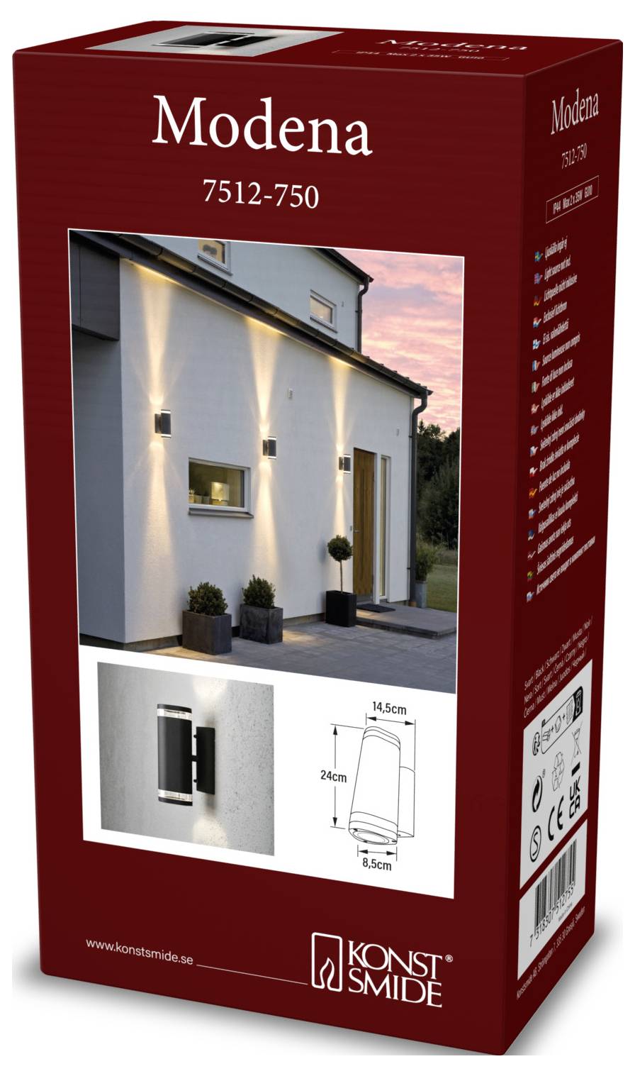 'Modena 7512-750' wandlamp verpakking. Afbeelding toont moderne buitenverlichting op een huis. Inclusief productafmetingen: 26 cm hoogte, 8,5 cm breedte, 14,5 cm diepte. Merk: Konst Smide.