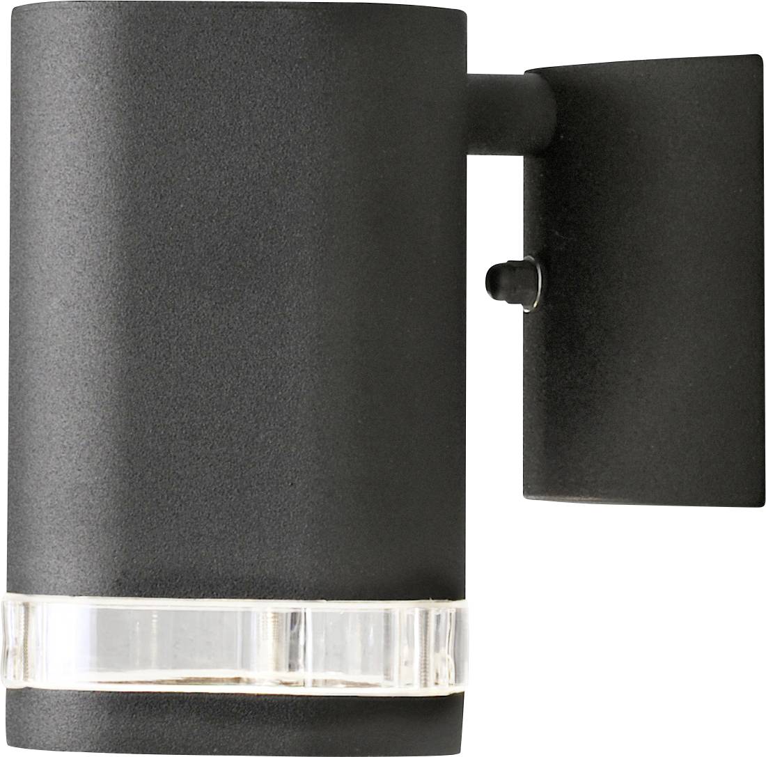 Een cilindrische, aan de muur bevestigde buitenlamp met een donkere afwerking en een heldere accent bij de basis.