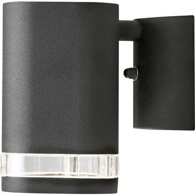 Een cilindrische, aan de muur bevestigde buitenlamp met een donkere afwerking en een heldere accent bij de basis.