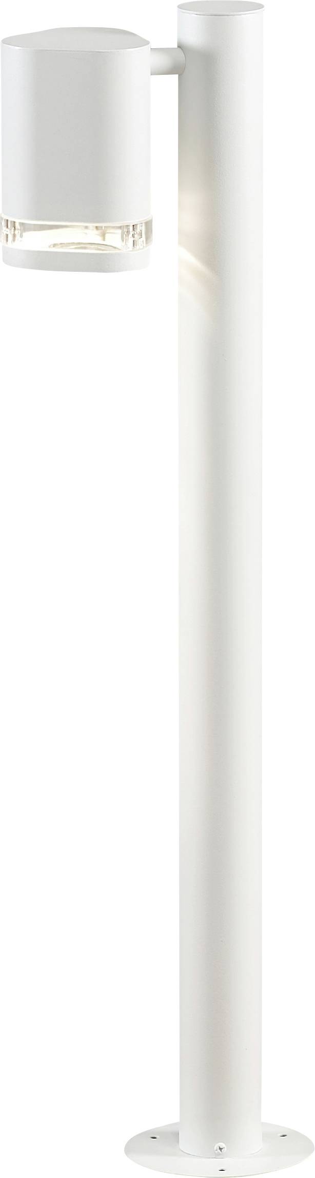 Een slanke, moderne witte buitenlantaarn met een cilindrische lichtarmatuur bovenaan, ontworpen voor buitenverlichting.