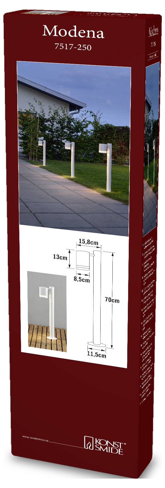 Een hoge rode productdoos voor 'Modena 7517-250' buitenverlichting van Konst Smide, met een pad met verlichting en een schematische weergave met afmetingen.