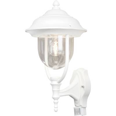 Een wit, aan de muur bevestigde buitenlamp met een heldere glazen kap, waarbij de lichtbron binnenin zichtbaar is.