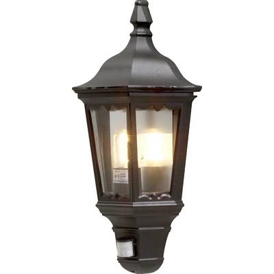 Sierlijke zwarte buitenmuurlantaarn met gloeiende gloeilamp, die een klassiek ontwerp vertoont dat geschikt is voor decoratie aan de buitenkant van een woning.