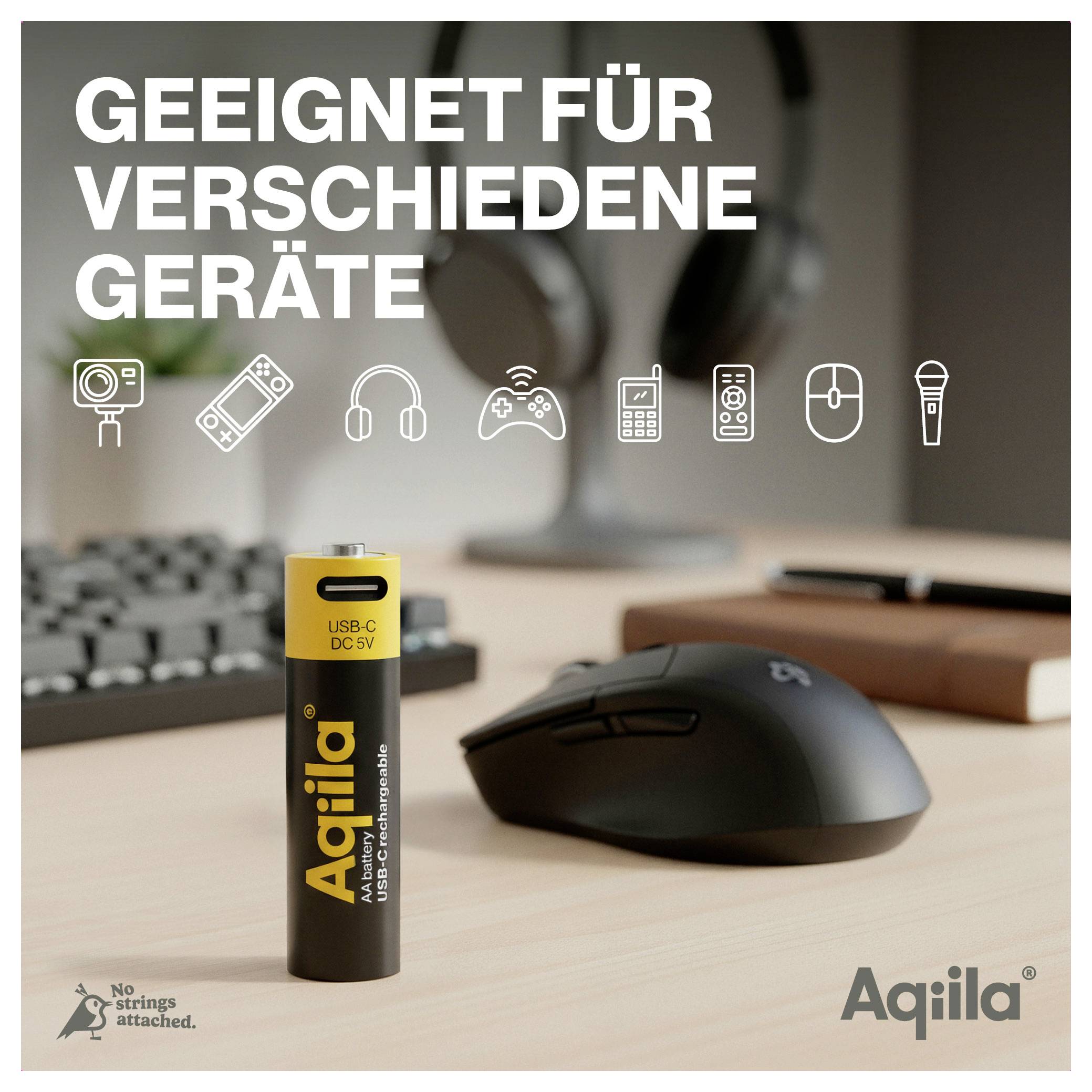 'Aqilla'-accu staat op een tafel. Op de achtergrond zijn apparaatsymbolen. Bijschrift: 'Geschikt voor verschillende apparaten'.