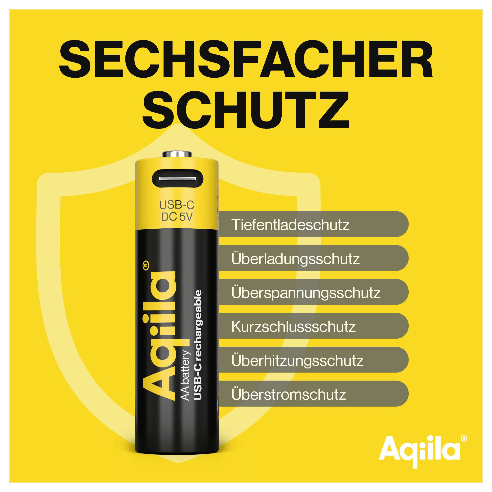 'Gele achtergrond met zwarte batterij in het midden. Tekst bovenaan: Zesdubbelbeveiliging. Aan de zijkant: Opsomming van beveiligingsfuncties.'