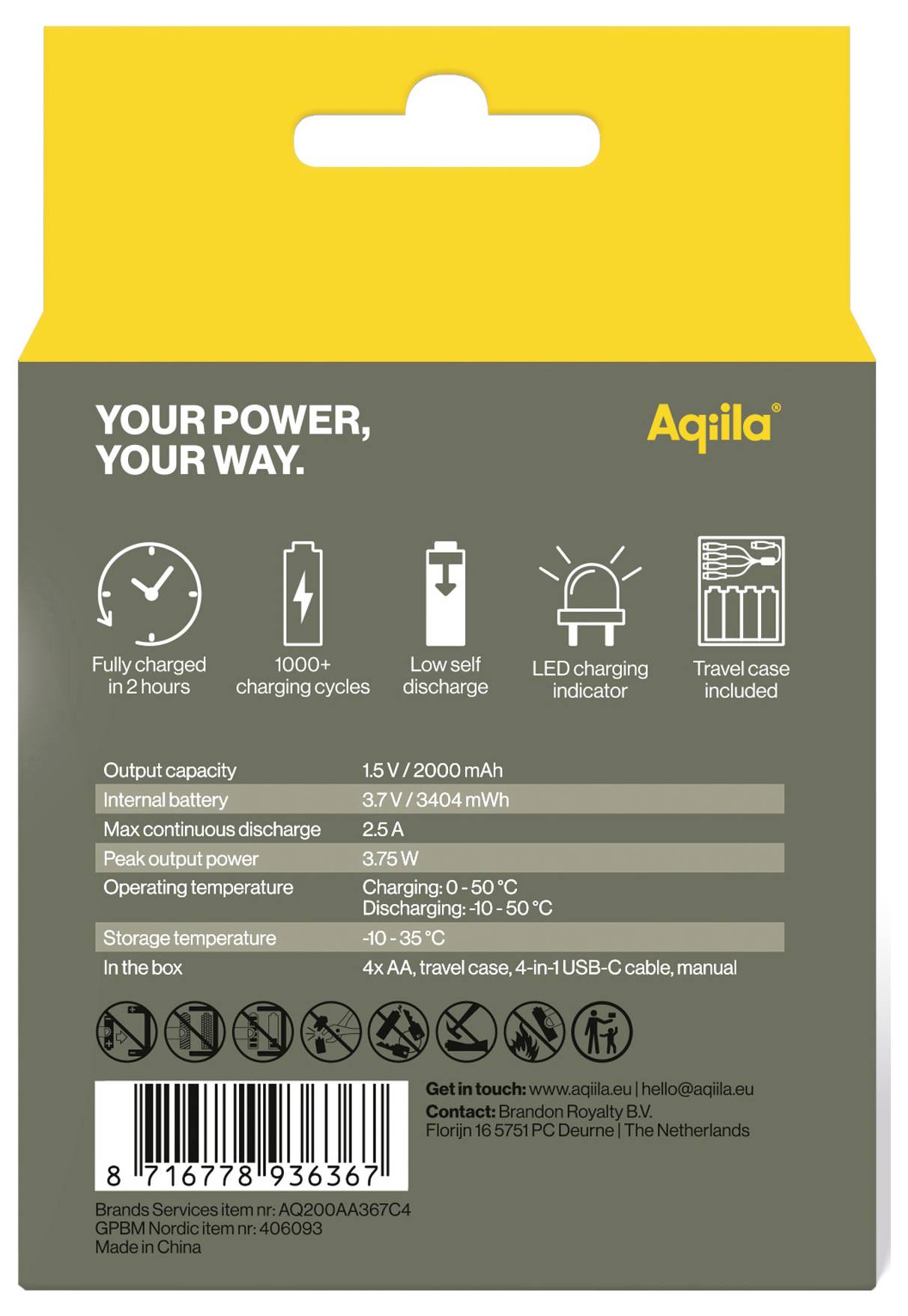 'Achterkant van een accupack-verpakking. Bevat technische specificaties, LED-laadweergave en laadcycli; contactgegevens onderaan.'