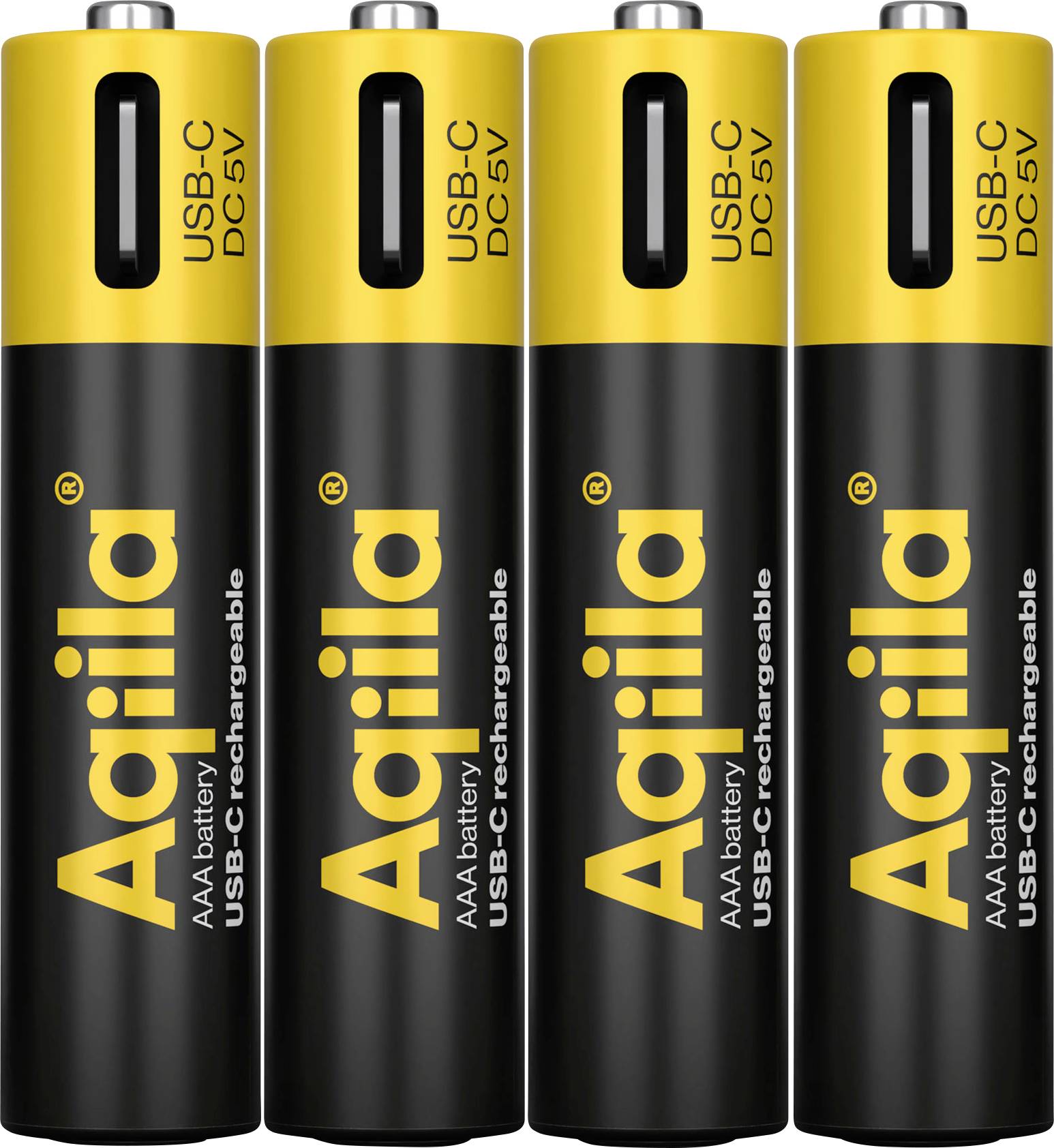 Vier zwarte en gele oplaadbare AA-batterijen met USB-C-poorten, voorzien van de labels 'Agiiila', 'AA Battery', 'USB-C' en 'DC 5V'.