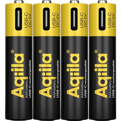 Vier zwarte en gele oplaadbare AA-batterijen met USB-C-poorten, voorzien van de labels 'Agiiila', 'AA Battery', 'USB-C' en 'DC 5V'.
