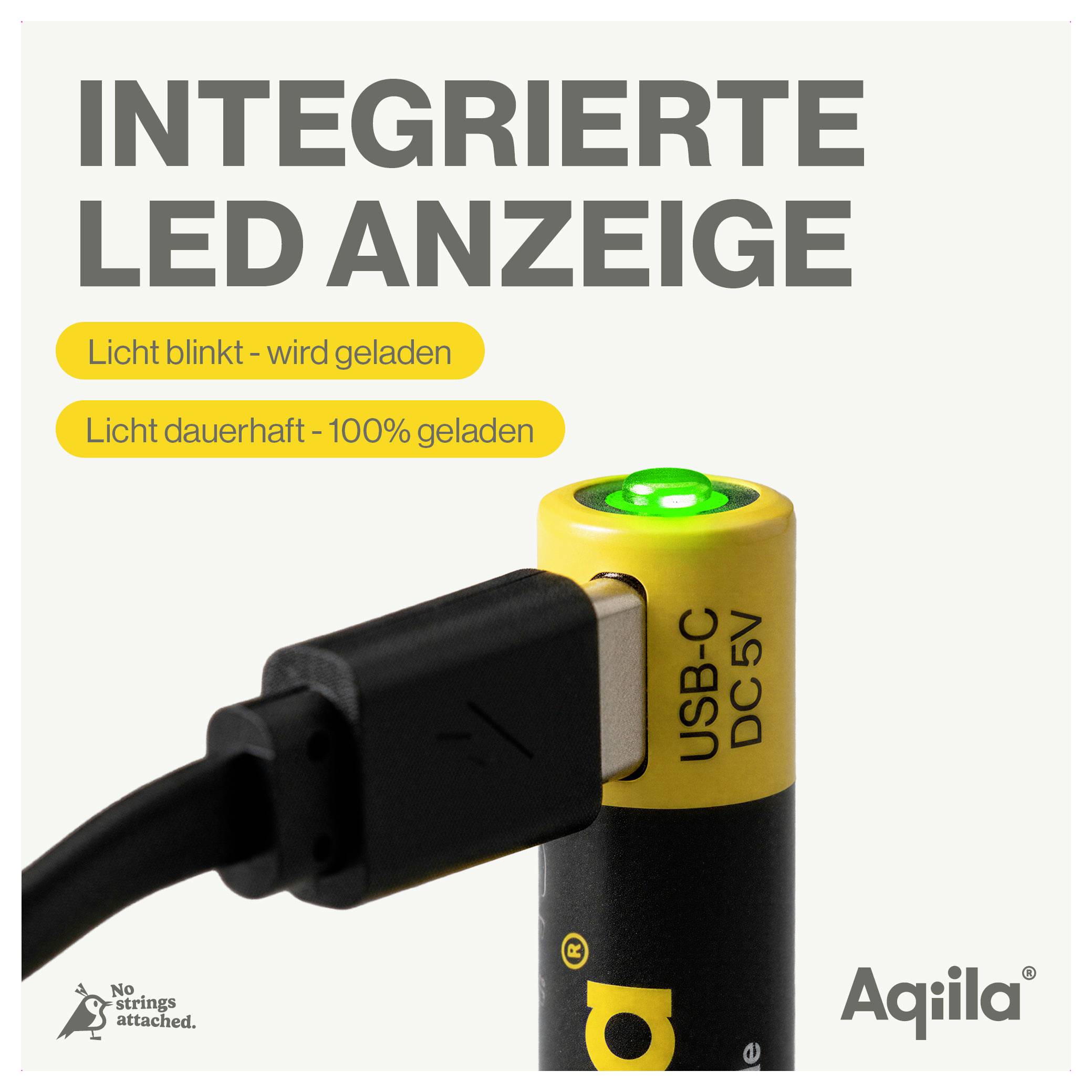 Geïntegreerde LED-batterij-indicator met USB-C-aansluiting. Geel licht knippert tijdens het opladen; groen licht geeft een volledige lading aan.