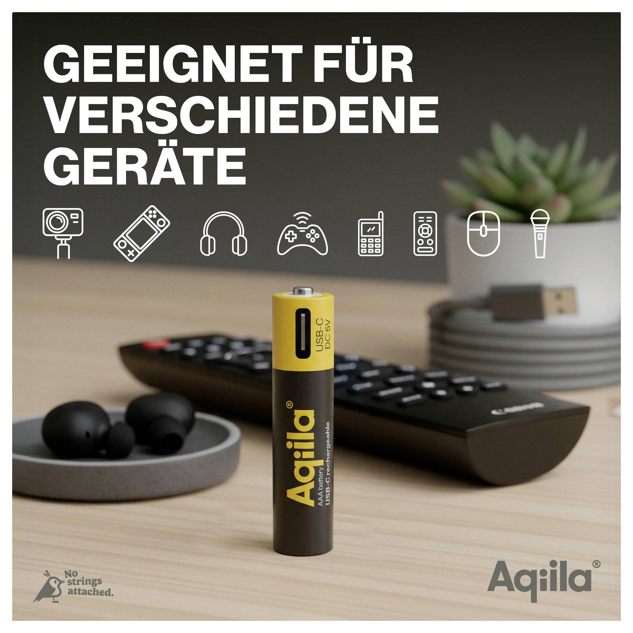 Accu op de voorgrond naast afstandsbediening en koptelefoons. Tekst: 'Geschikt voor verschillende apparaten' met symbolen voor elektronische apparaten.