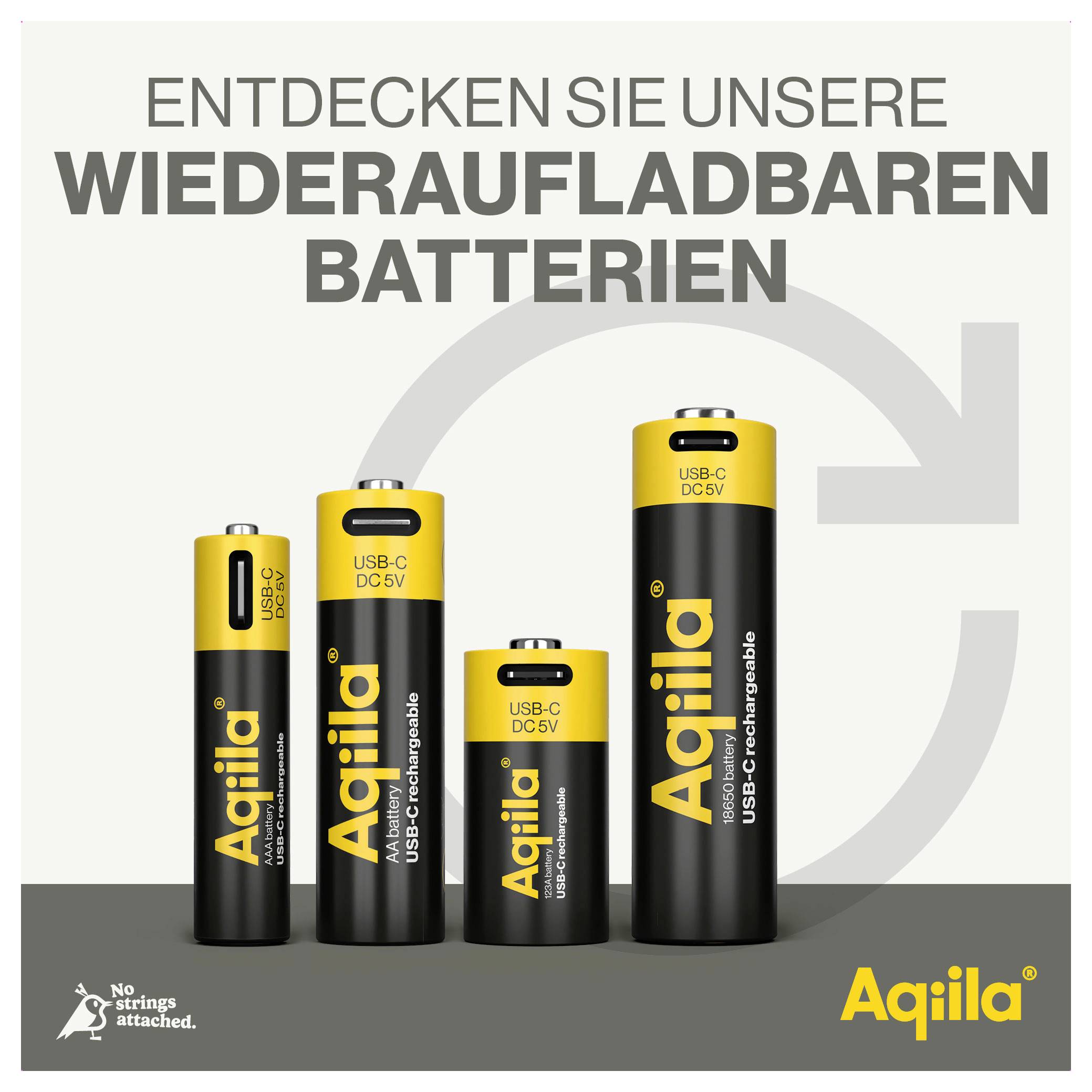 Ontdek op de afbeelding vier herlaadbare batterijen van verschillende formaten met een USB-C-aansluiting; merk 'Aqila'.
