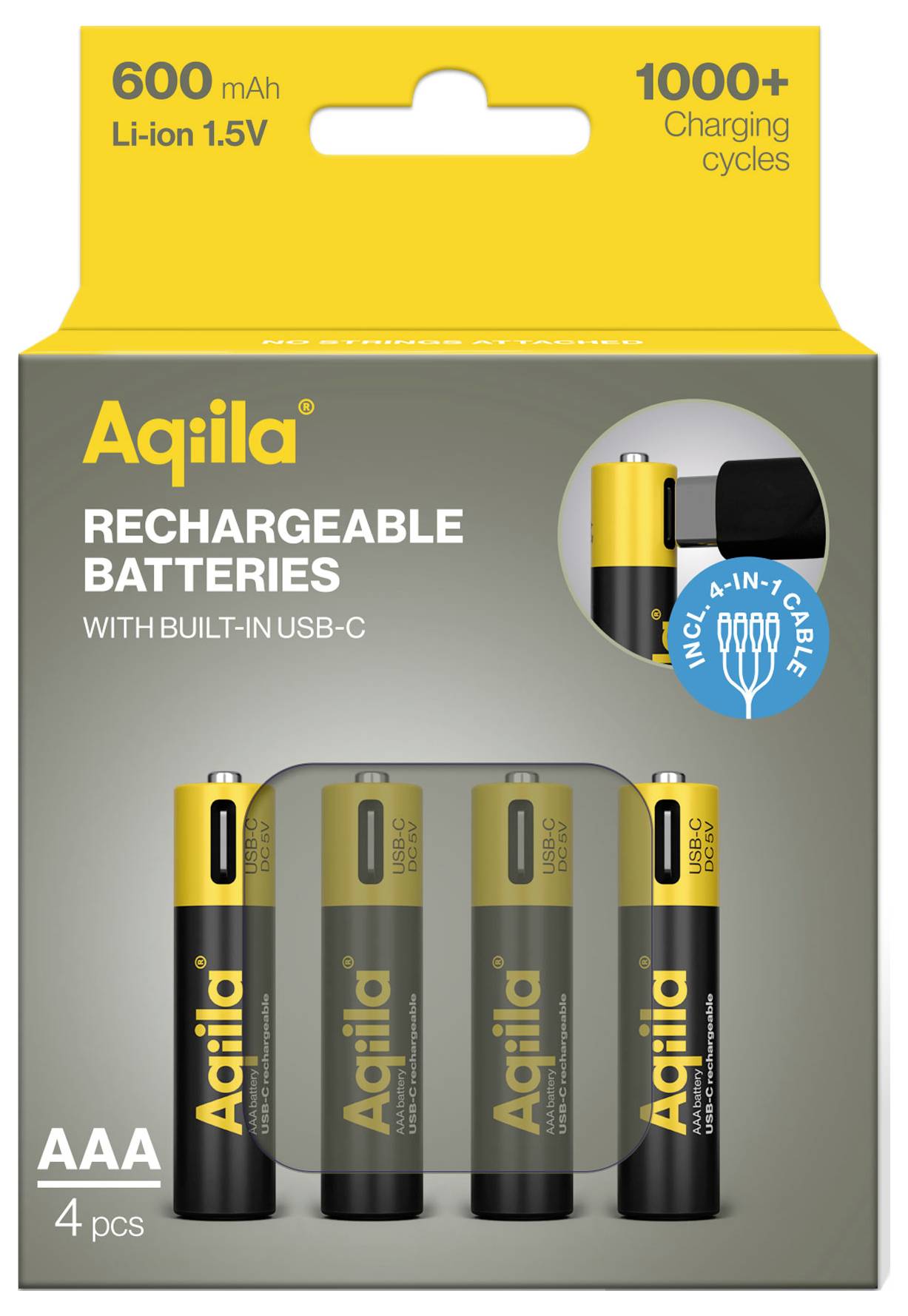 'Aquila' AAA oplaadbare batterijen, 4 stuks, 600 mAh, Li-Ion 1,5V, inclusief 4-in-1 oplaadkabel, meer dan 1000 laadcycli.
