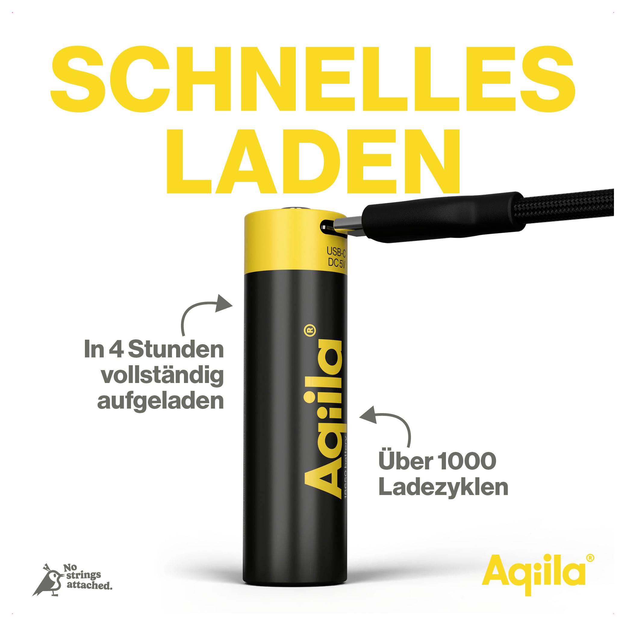 Snel laden: Een cilindrische powerbank, volledig opgeladen in vier uur, meer dan 1000 laadcycli. Merk 'Aqiila'.
