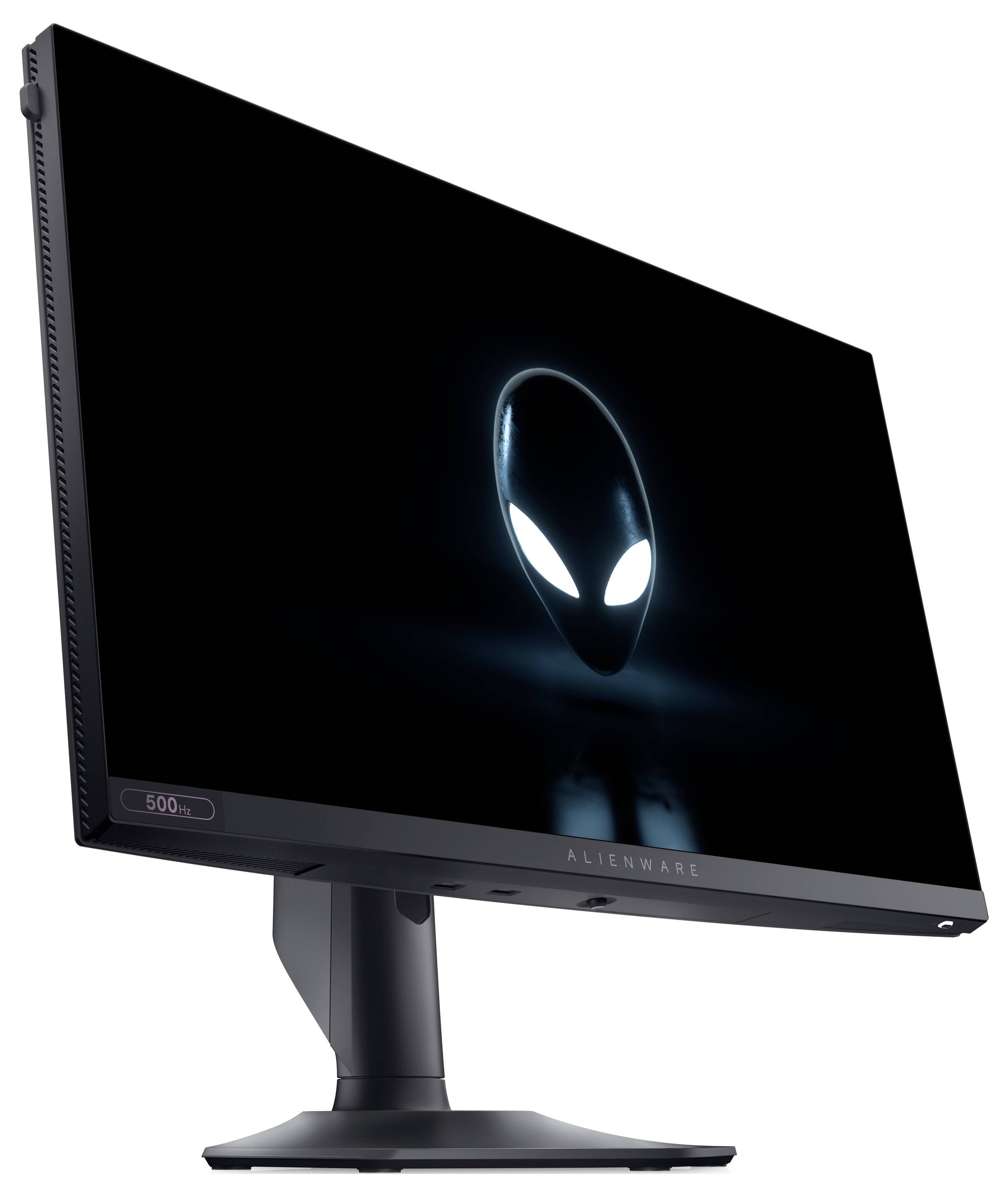 Een strak zwarte monitor met een logo dat in het donker oplicht en lijkt op een buitenaards gezicht op het scherm; de merknaam 'Alienware' zichtbaar eronder.