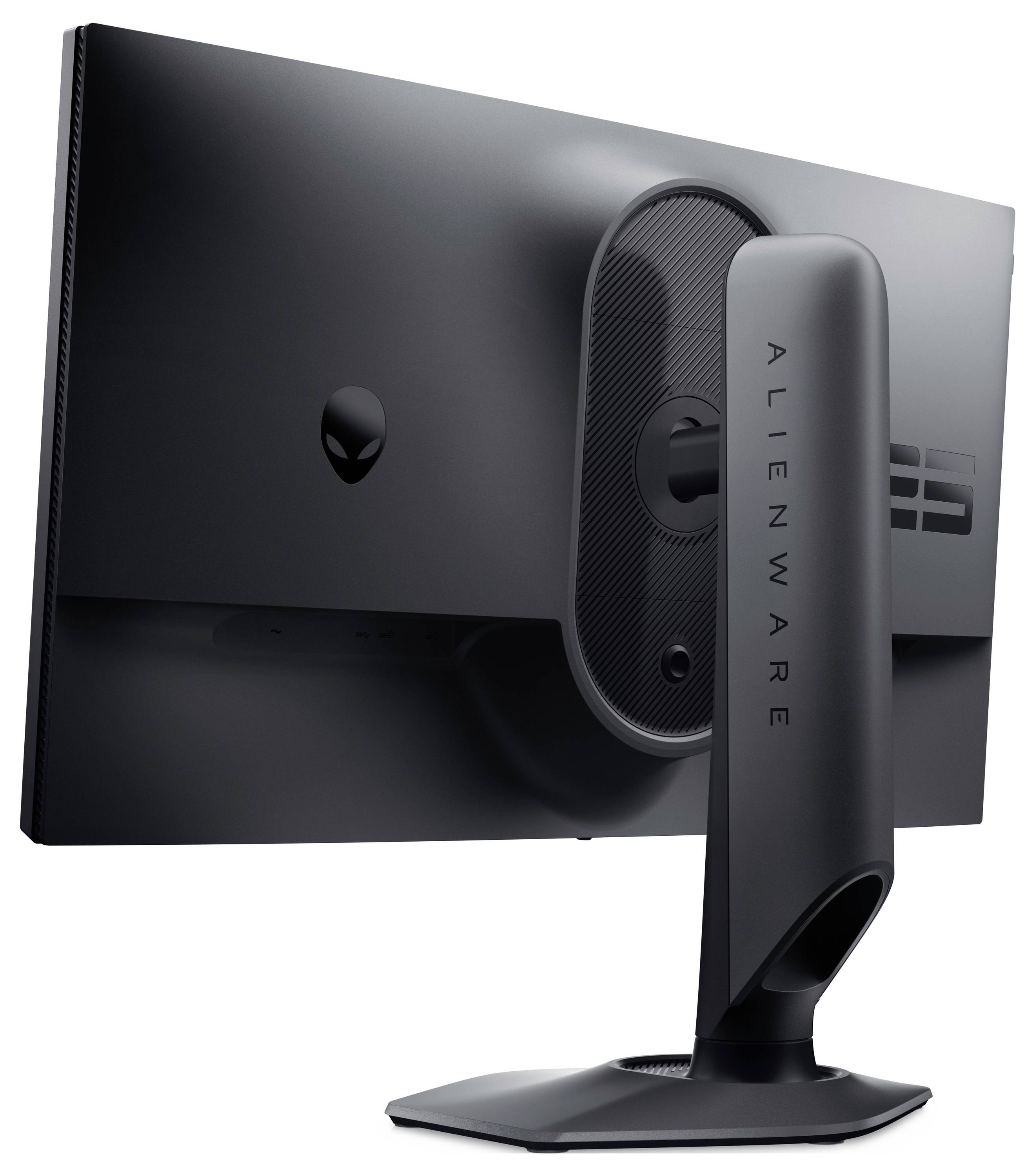 Een zwarte Alienware-monitor van achteren gezien, die zijn strakke ontwerp en gemerkte standaard toont, met een zichtbaar alienmerk.