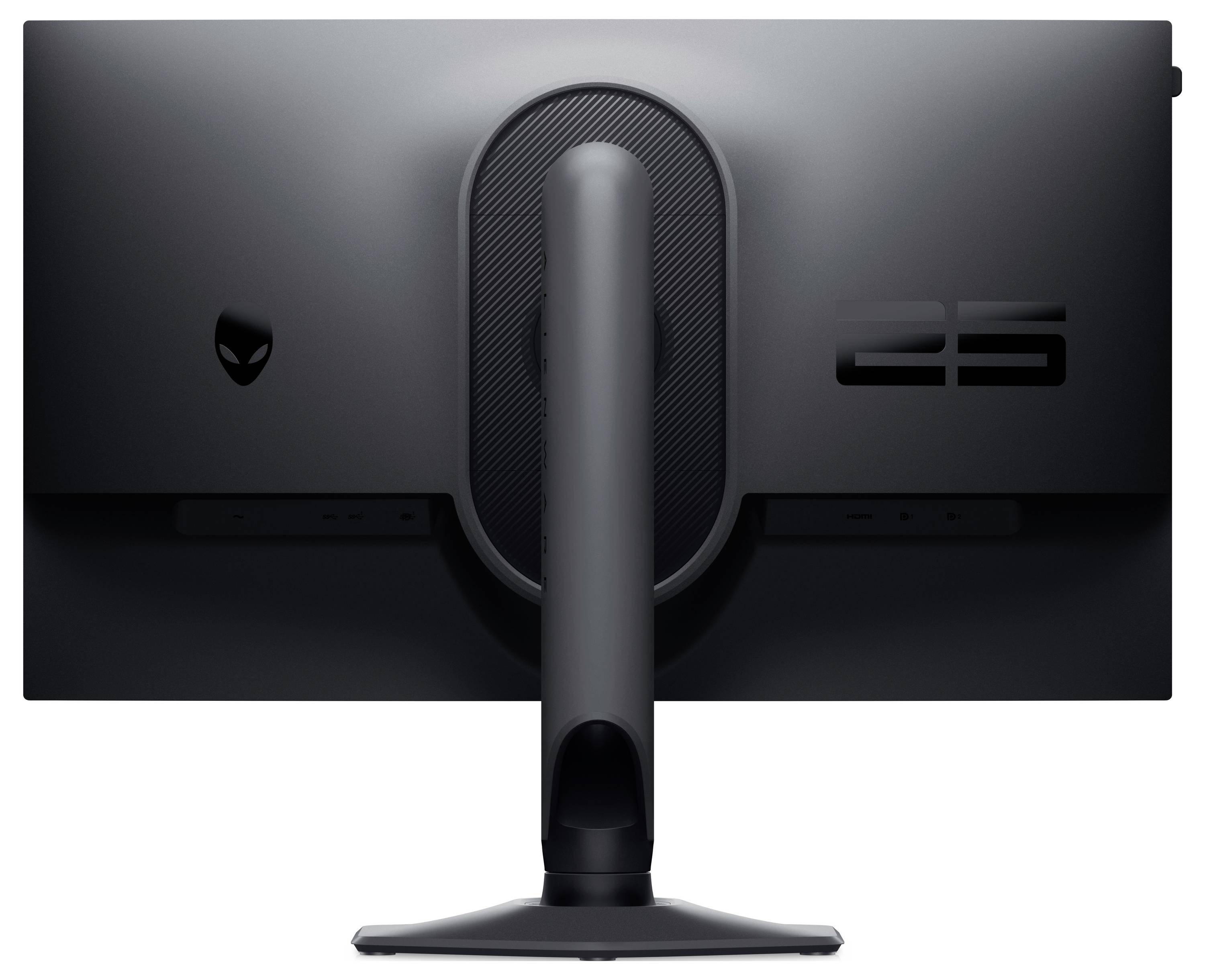 'Achteraanzicht van een computermonitor met een stevig onderstel. Toont een Alienware-logo en het nummer 25 op het achterpaneel.'