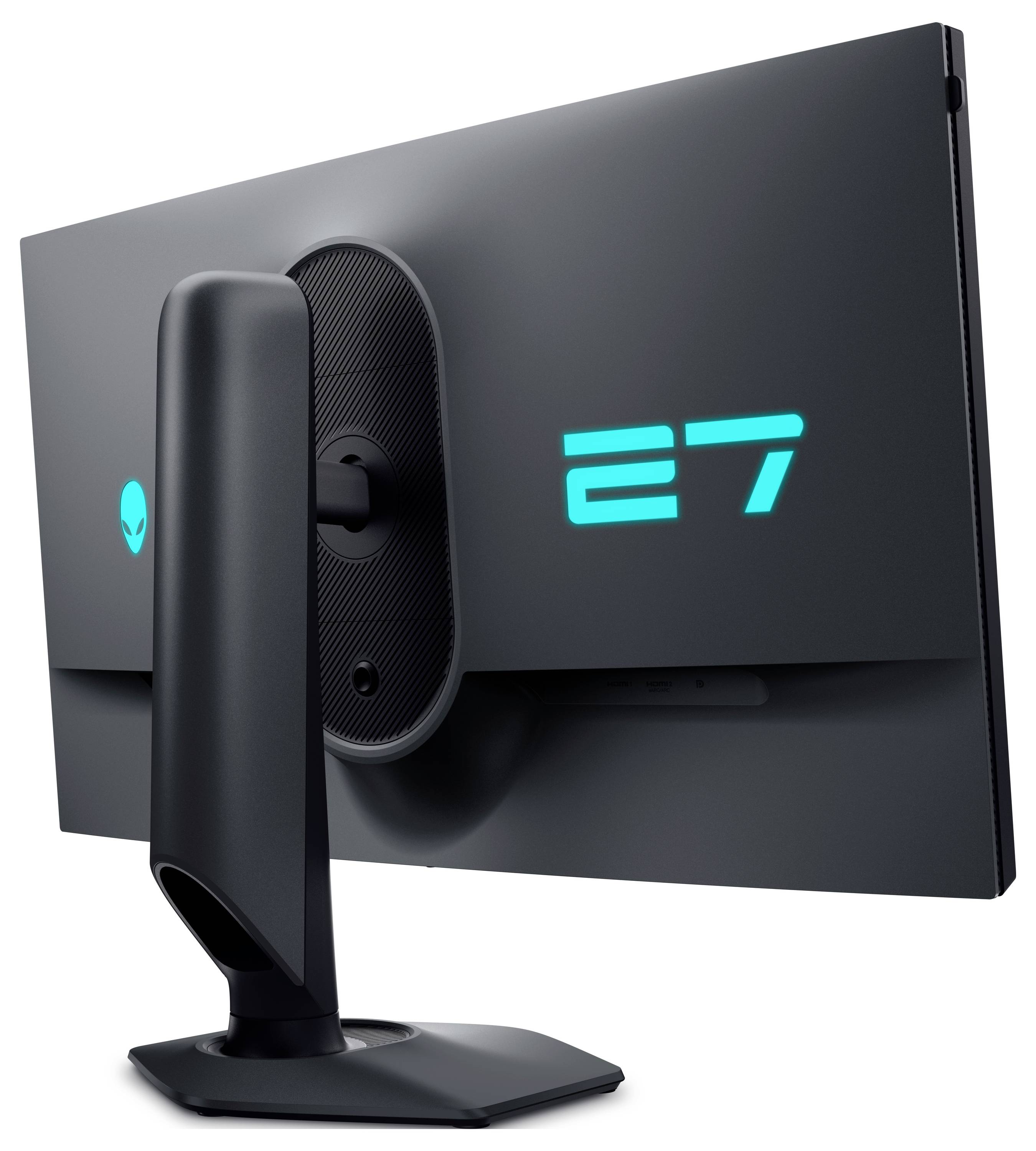 Een strak computerscherm gezien van achteren met een uniek standaard en glanzende blauwe tekst die 'E7' leest naast een klein logo.