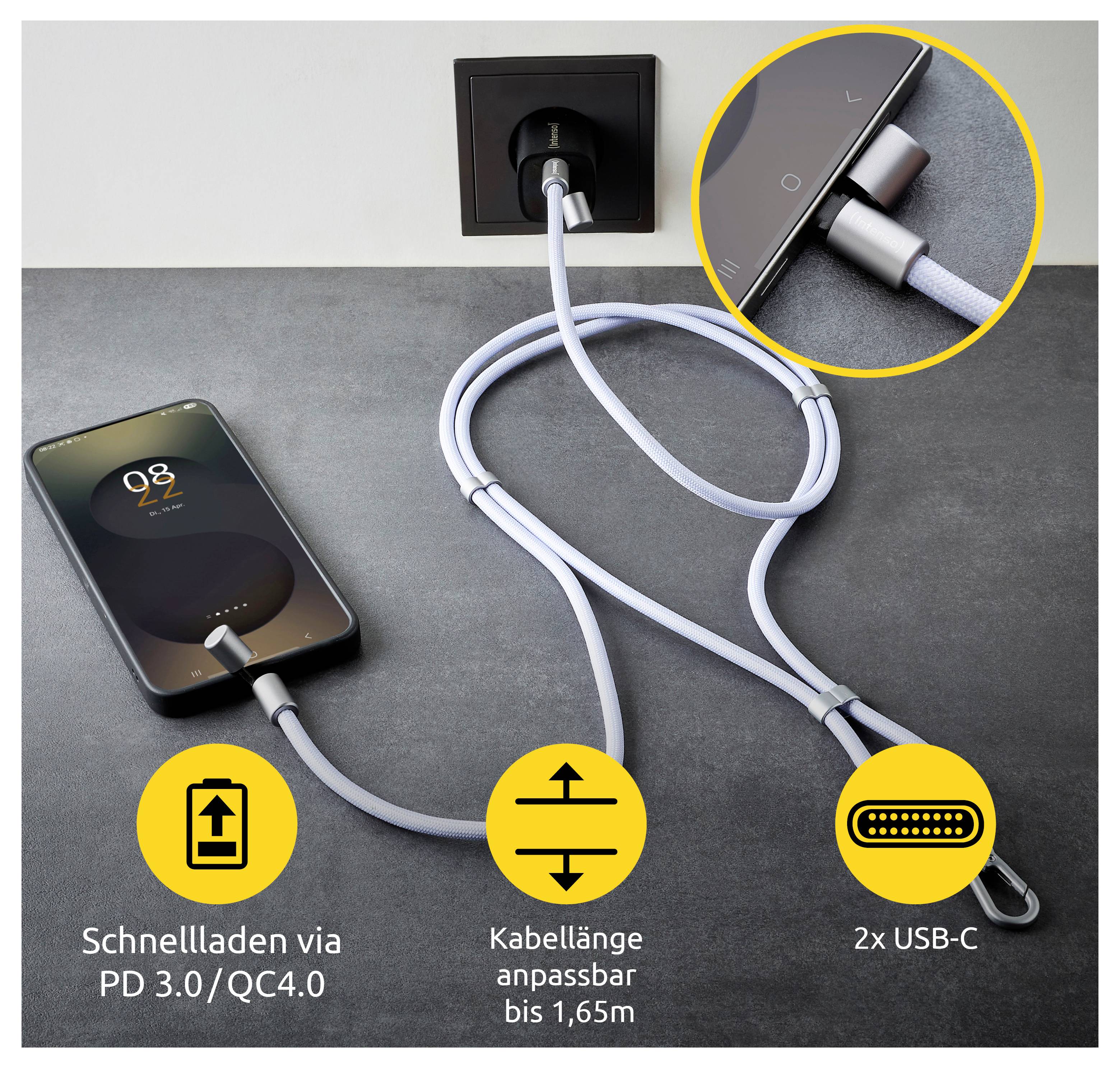 Smartphone opladen met een gevlochten USB-C-kabel aangesloten op een wandcontactdoos. Hoogtepunten: 'Snel opladen via PD 3.0/QC4.0', verstelbare lengte tot 1,65 m, dubbele USB-C-aansluitingen.