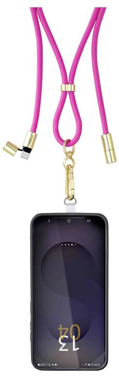 Een smartphone hangt aan een felroze lanyard met gouden aansluitingen, waarbij het scherm een gestileerde weergave toont met de letter 'S' en de cijfers '1202'.